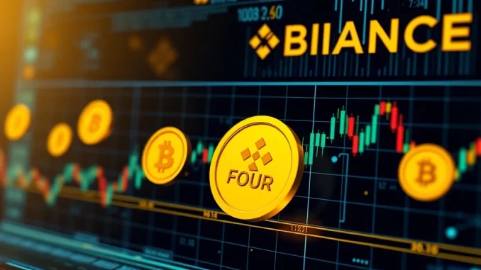 A digital screen showing new FOUR token listings on the Binance Alpha on-chain trading platform, signifying early-stage coin opportunities.