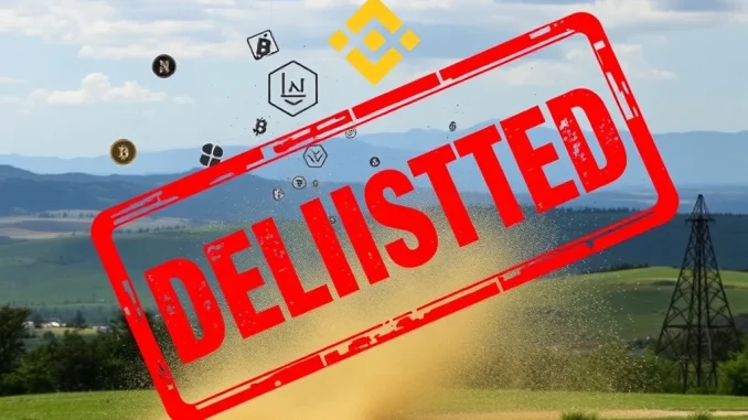Binance Alpha token delisting announcement, showing various crypto icons fading away, representing removal from the platform.