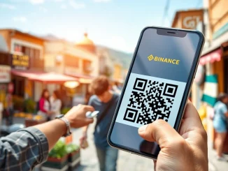 A person using a smartphone to make Binance QR crypto payments in Argentina at a local shop, symbolizing convenience and financial innovation.