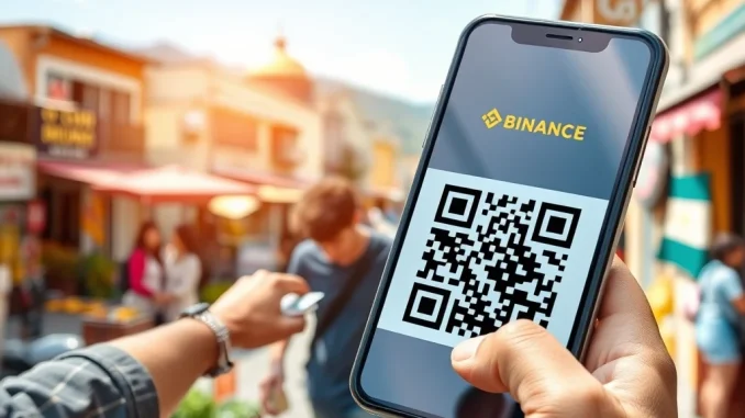 A person using a smartphone to make Binance QR crypto payments in Argentina at a local shop, symbolizing convenience and financial innovation.