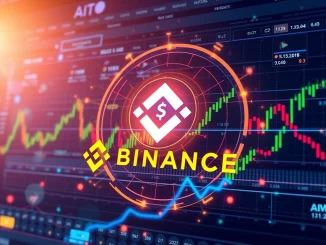 A screen displaying Binance BLUAI perpetual futures trading interface, highlighting AI crypto and 50x leverage opportunities.