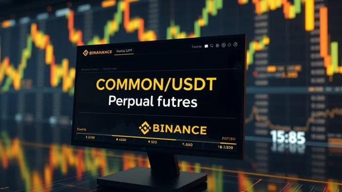 Binance perpetual futures interface showing COMMON/USDT contract details and trading options.