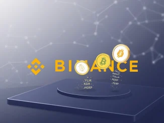 Binance platform logo with FLM KDA PERP crypto icons fading away, signifying the Binance delisting announcement.