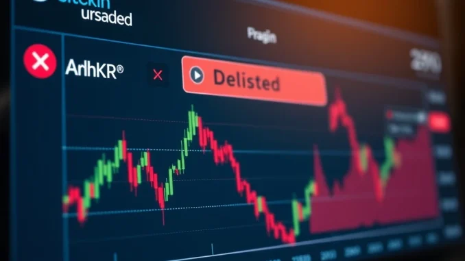 A digital screen displays Binance delisting notices for ANKR and DATA margin trading pairs, signaling important market changes.
