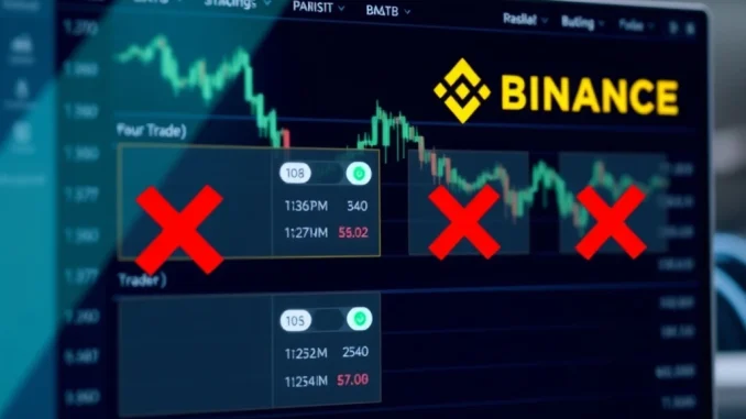 A digital screen showing four crypto spot trading pairs being delisted on Binance, highlighting the Binance Delisting event.