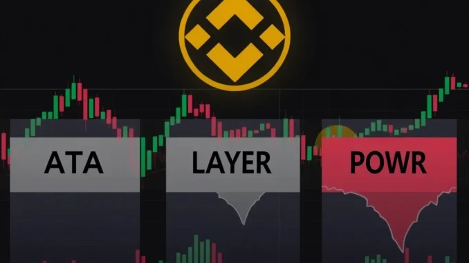 Urgent Binance Delisting: Three Spot Trading Pairs Removed Binance delisting announcement impacting ATA/BTC and other crypto spot trading pairs, showing a chart with a downward trend.