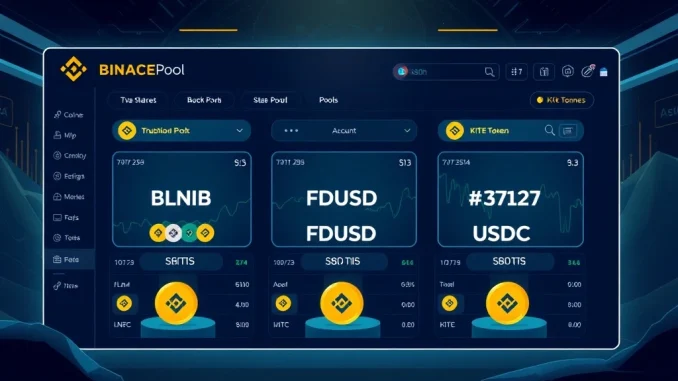 Binance KITE Launchpool interface showing BNB, FDUSD, and USDC staking options for KITE token rewards, highlighting new crypto earning opportunities.