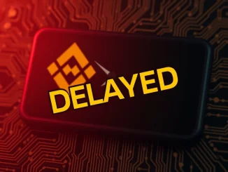 A digital screen indicating a Binance LAB TGE postponement, symbolizing technical issues causing the crypto launch delay.