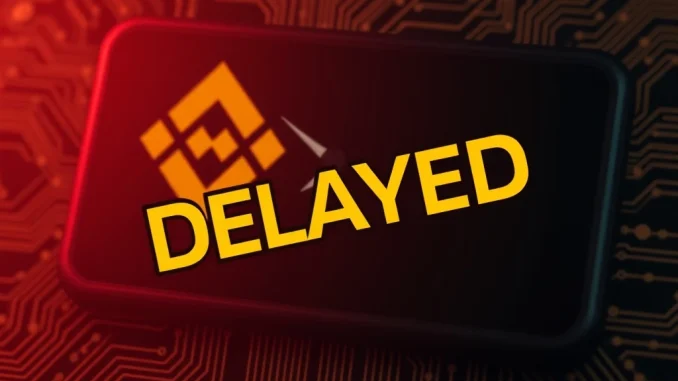 A digital screen indicating a Binance LAB TGE postponement, symbolizing technical issues causing the crypto launch delay.