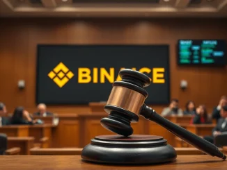 Gavel striking a sound block next to a Binance logo, symbolizing potential Binance lawsuits over controversial crypto liquidations.