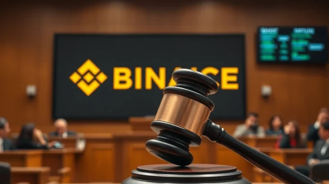 Gavel striking a sound block next to a Binance logo, symbolizing potential Binance lawsuits over controversial crypto liquidations.