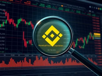 A magnifying glass highlights obscured Binance liquidations data on a trading screen, symbolizing allegations of underreporting perpetual futures.