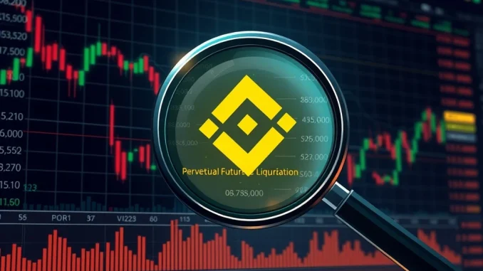 A magnifying glass highlights obscured Binance liquidations data on a trading screen, symbolizing allegations of underreporting perpetual futures.