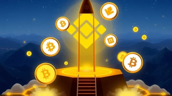 Depicts a futuristic Binance new product launchpad for memecoins, symbolizing the exchange's potential venture into BNB Chain memecoin platforms.