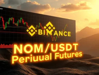 A digital screen displaying Binance NOM futures trading interface with charts and leverage options, symbolizing new crypto opportunities.