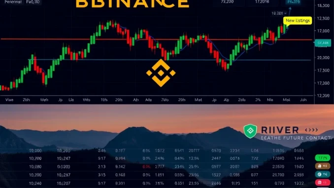 A digital trading screen on Binance displaying the new LAB and RIVER perpetual futures contracts, highlighting fresh Binance perpetual futures trading avenues.