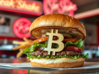Steak 'n Shake's new Bitcoin Burger with a BTC logo bun, symbolizing crypto adoption in fast food payments.