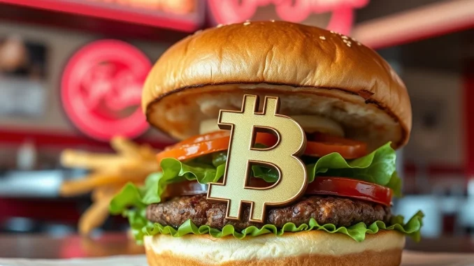 Steak 'n Shake's new Bitcoin Burger with a BTC logo bun, symbolizing crypto adoption in fast food payments.