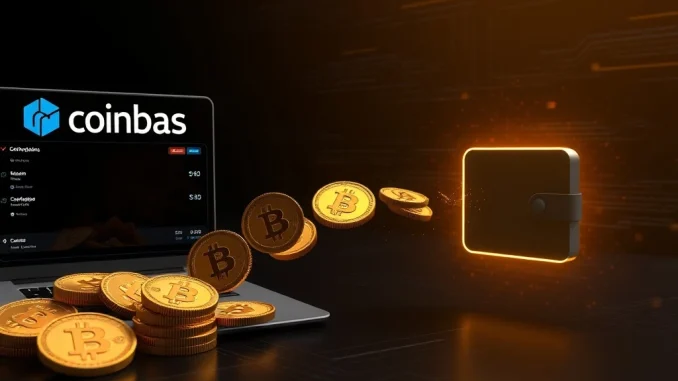 A visual metaphor illustrating a substantial **Bitcoin transfer** from Coinbase to an unknown digital wallet, highlighting secure crypto movement.