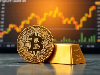Golden Bitcoin coin alongside a gold bar, illustrating the enduring 'Bitcoin digital gold' narrative and market resilience.
