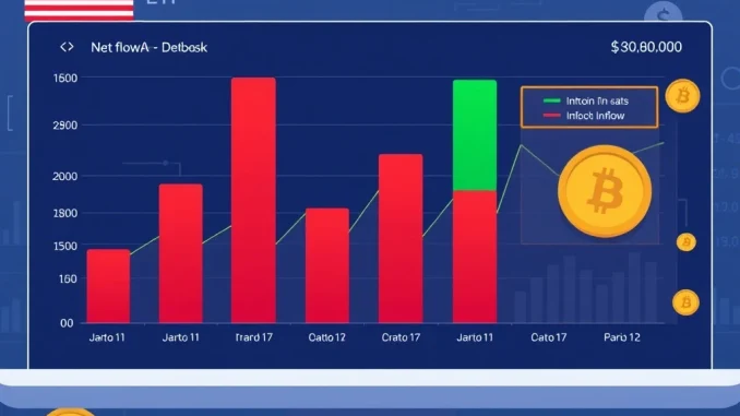 Chart illustrating US spot Bitcoin ETF outflows, highlighting Grayscale GBTC withdrawals and BlackRock IBIT inflows, reflecting current market trends.