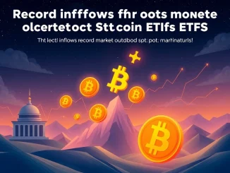 Charts and arrows showing record Q4 inflows into spot Bitcoin ETFs, signaling a bullish Bitcoin price prediction and market growth.