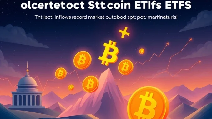 Charts and arrows showing record Q4 inflows into spot Bitcoin ETFs, signaling a bullish Bitcoin price prediction and market growth.