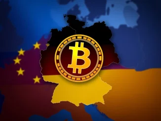 A digital Bitcoin symbol over a German map, illustrating Germany's potential move to classify Bitcoin as a strategic asset.