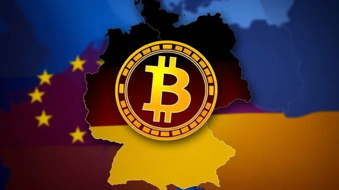 A digital Bitcoin symbol over a German map, illustrating Germany's potential move to classify Bitcoin as a strategic asset.