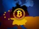 A digital Bitcoin symbol over a German map, illustrating Germany's potential move to classify Bitcoin as a strategic asset.