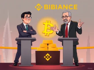 Changpeng Zhao and Peter Schiff debate Bitcoin vs. Tokenized Gold, representing digital finance versus traditional assets at Binance Blockchain Week.