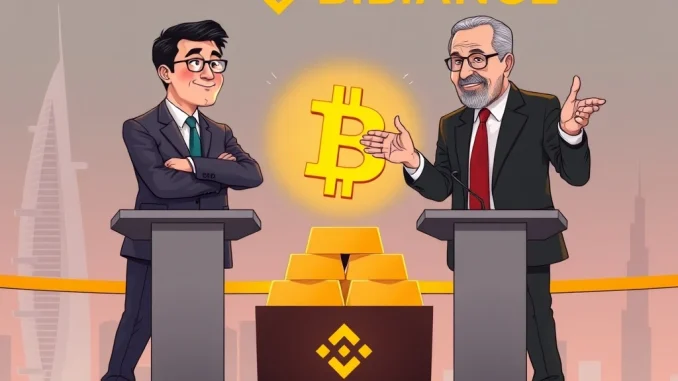 Changpeng Zhao and Peter Schiff debate Bitcoin vs. Tokenized Gold, representing digital finance versus traditional assets at Binance Blockchain Week.
