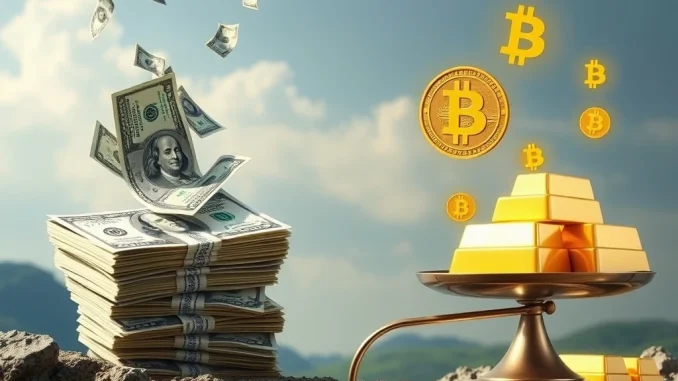 Illustrates Bitcoin and gold rising in value as the US Dollar and bonds decline, representing a crucial shift in institutional investment strategies.