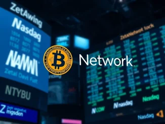 ZetaNetwork's strategic shift towards **Bitcoin investment**, symbolized by a BTC logo merging with a corporate identity, set against a financial market backdrop.