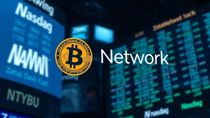 Bitcoin Investment: Nasdaq-Listed ZetaNetwork Pioneers BTC-Centric Financial Future ZetaNetwork's strategic shift towards **Bitcoin investment**, symbolized by a BTC logo merging with a corporate identity, set against a financial market backdrop.