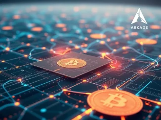 Visualizing Arkade's Bitcoin L2 technology enabling rapid off-chain transactions and asset transfers.