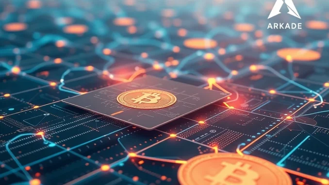Visualizing Arkade's Bitcoin L2 technology enabling rapid off-chain transactions and asset transfers.