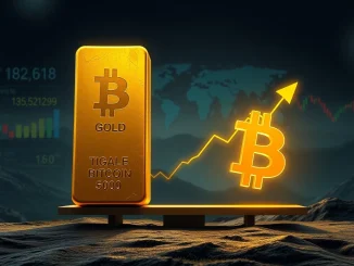 A massive gold bar on a scale balancing against a smaller, glowing Bitcoin symbol, illustrating the current Bitcoin market cap vs Gold market cap.