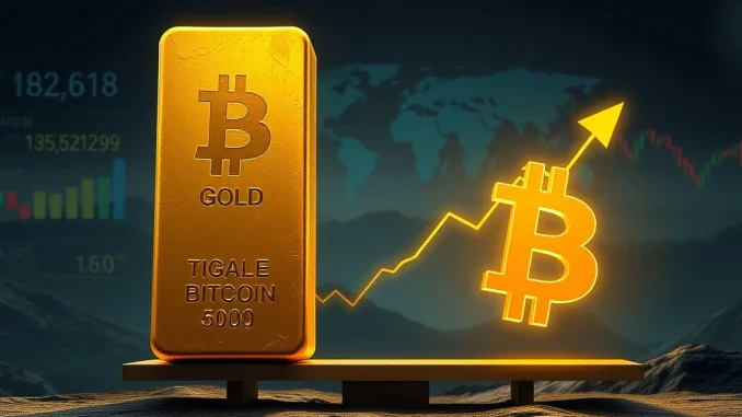 A massive gold bar on a scale balancing against a smaller, glowing Bitcoin symbol, illustrating the current Bitcoin market cap vs Gold market cap.
