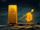A massive gold bar on a scale balancing against a smaller, glowing Bitcoin symbol, illustrating the current Bitcoin market cap vs Gold market cap.
