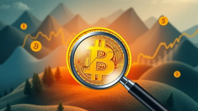 An illustration showing a magnifying glass examining Bitcoin price charts, highlighting crucial factors impacting the Bitcoin market.