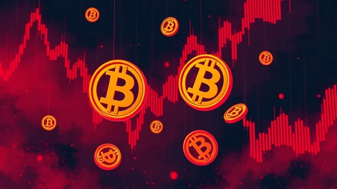 A visual representation of Bitcoin instability with charts showing downward trends and falling Bitcoin symbols after record liquidations.