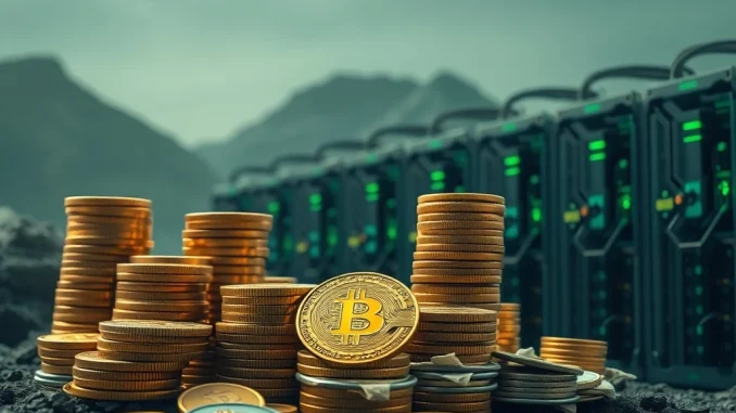 Visualizing the immense Bitcoin miner debt of $12.7 billion, showing financial pressure and rapid expansion driven by AI and mining demand.