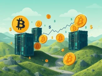 Illustration of Bitcoin miners raising substantial debt financing, symbolizing financial strategies in crypto mining.
