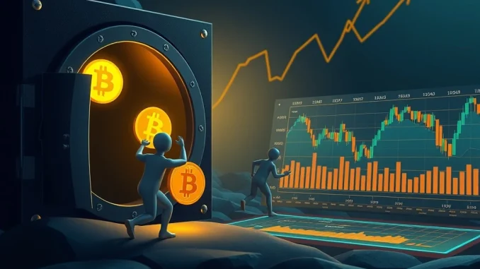 Bitcoin miners are liquidating assets, impacting the BTC market. A visual of Bitcoin symbols being moved from a storage wallet to an exchange.