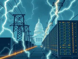A visual representation of **Bitcoin mining energy** and AI data centers connecting to the **US energy grid access**, highlighting regulatory discussions.