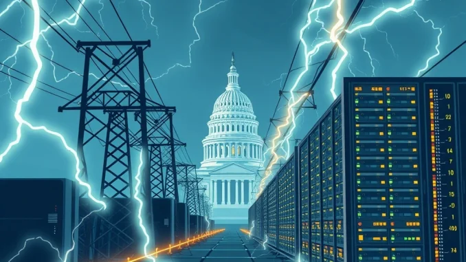 A visual representation of **Bitcoin mining energy** and AI data centers connecting to the **US energy grid access**, highlighting regulatory discussions.