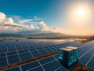 Brazilian solar panels powering Bitcoin mining rigs, illustrating Thopen's sustainable crypto initiative with renewable energy.