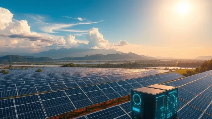 Brazilian solar panels powering Bitcoin mining rigs, illustrating Thopen's sustainable crypto initiative with renewable energy.