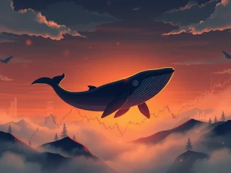 A digital whale casts a shadow over a volatile Bitcoin price chart, symbolizing Bitcoin OG's massive Bitcoin short position and its potential market impact.